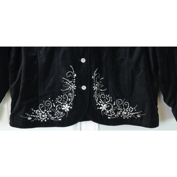 Vintage Quacker Factory Black Velvet Jacket Rhinestones Beaded Medium COTTON - Picture 4 of 8